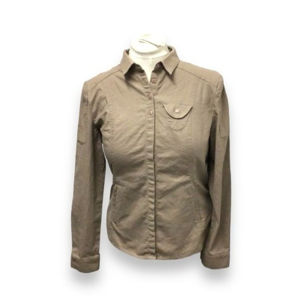 Jamie Sadock Long Sleeve Collar Button Front Linen Blend Shacket, Camel, size L